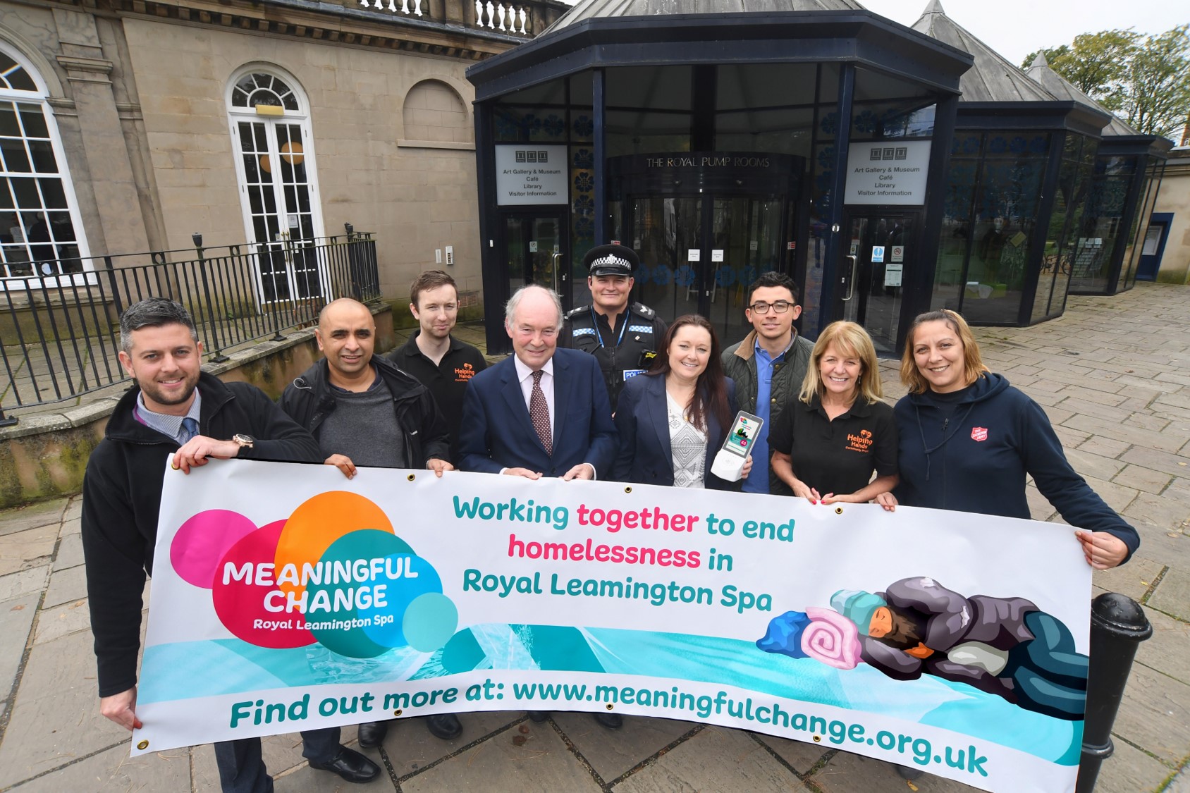 Pictured at the launch of Meaningful Change Leamington outside the Visitor Information Centre are, from left to right, Jon Barnett (Warwick District Council), Ayyaz Ahmed (Warwick District Council), Chris Higgins (Helping Hands), Philip Seccombe (Warwickshire Police and Crime Commissioner), Sgt Trent McMurray (Warwickshire Police), Stephanie Kerr (BID Leamington), Aaron Greaves (Heart of England Community Foundation), Sue Verne (Helping Hands), Ljupka Stojanovska (The Salvation Army).